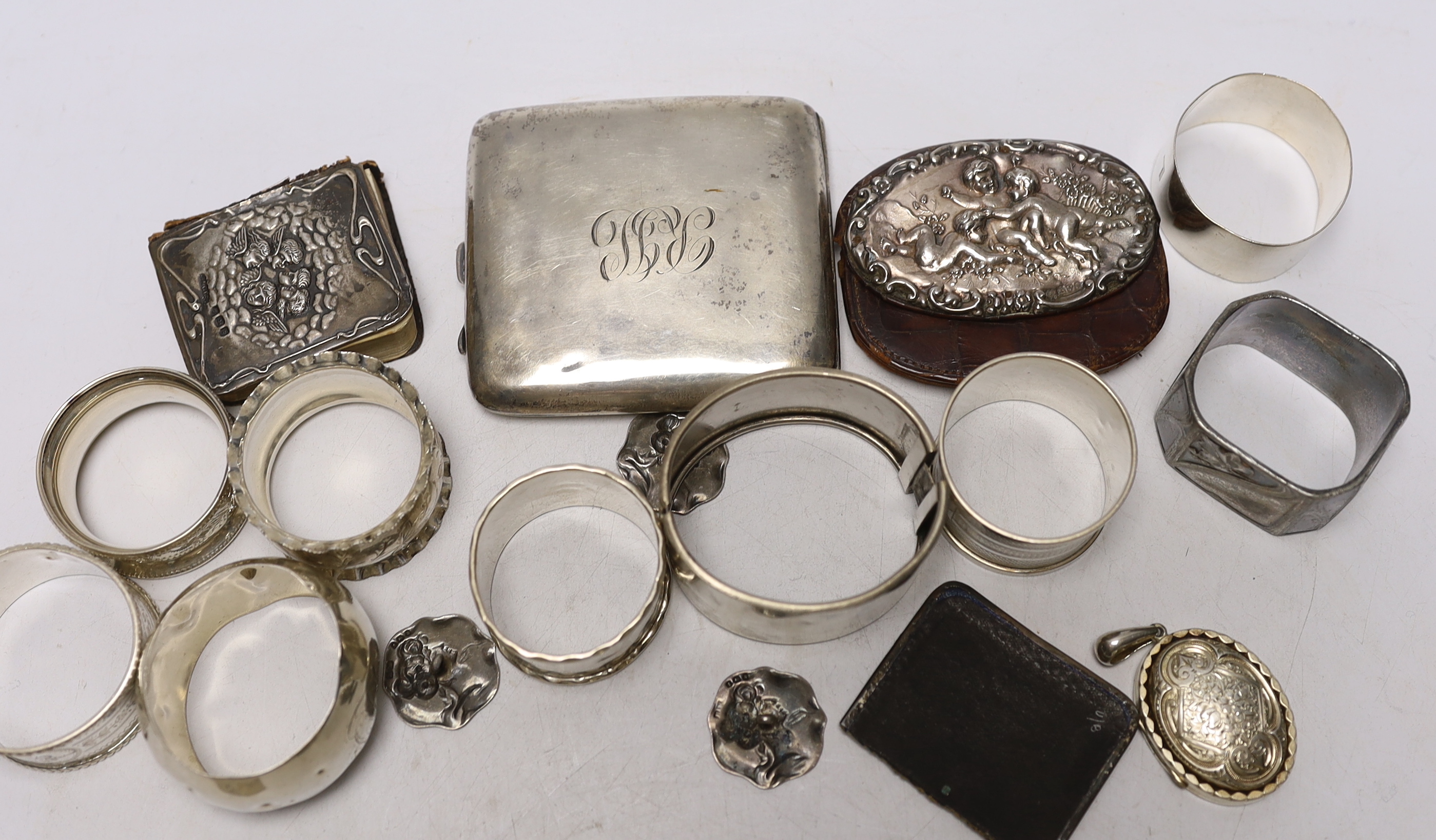 Sundry small silver including napkin rings, cigarette case, buttons, etc. and a WMF Art Nouveau silver plated napkin ring.